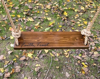 Faith, Trust Wooden Rope Swing | Wood Tree Swing | Outdoor Wooden Swing | Outdoor Kids Swings | Outdoor Toddler Swing | Natural Swing