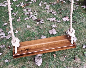 Dark Wood Tree Swing | Wooden Rope Swing | Outdoor Wooden Swing | Outdoor Kids Swings | Outdoor Toddler Swing | Natural Swing