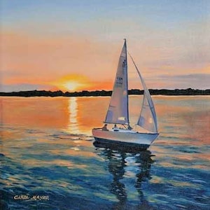 May include: A white sailboat with a white sail is sailing on a body of water at sunset. The sky is a vibrant orange and pink, and the water is a deep blue. The sailboat is silhouetted against the sunset.