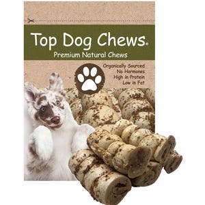 May include: A pack of Top Dog Chews premium natural dog chews. The packaging features a cartoon dog paw print and text that reads "Organically Sourced, No Hormones, High in Protein, Low in Fat".