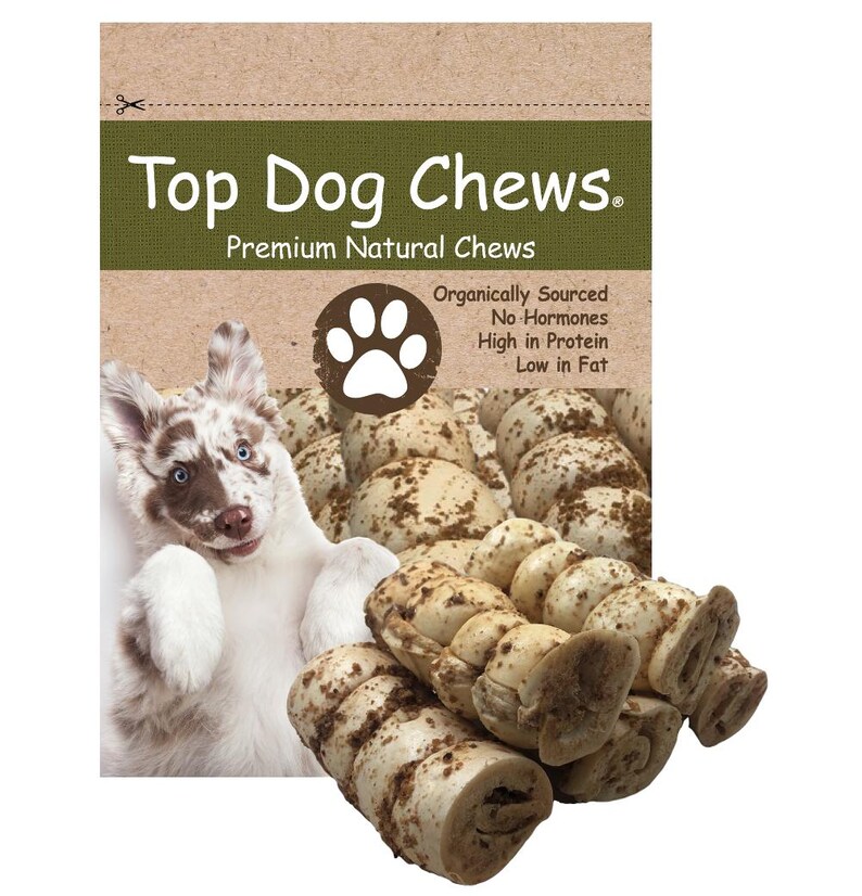 May include: A pack of Top Dog Chews premium natural dog chews. The packaging features a cartoon dog paw print and text that reads "Organically Sourced, No Hormones, High in Protein, Low in Fat".