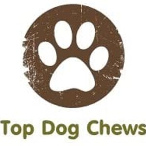 May include: A brown circle with a white paw print in the centre. The text "Top Dog Chews" is below the circle in green.