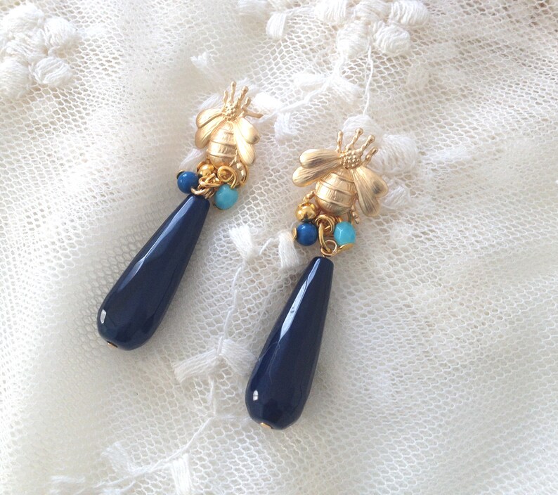 Bee earrings and Blue jade.
