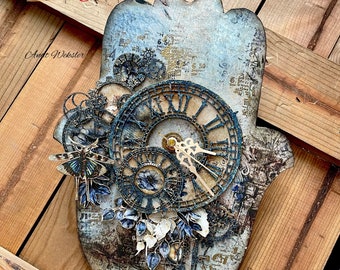 Vintage  Clock  Hamssa, mixed media wooden clock hamsa wall decor, wall clock, handmade, home decor wall hanging, one of a kind clock