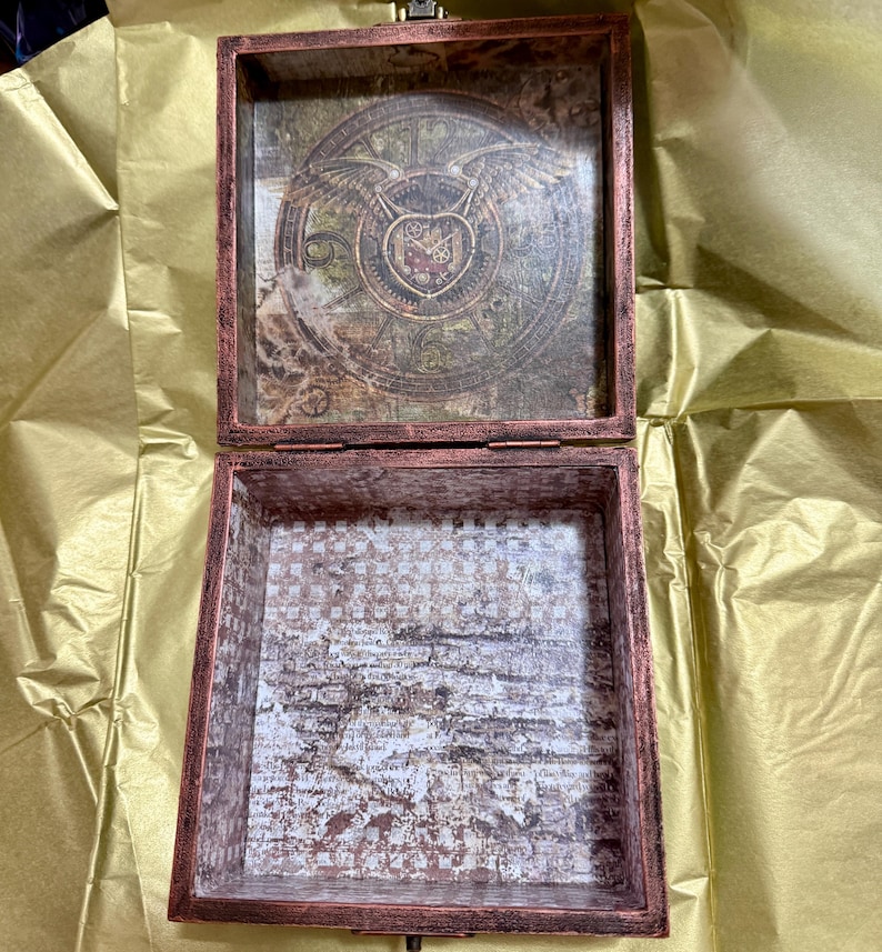 Caja steampunk personalizada, caja de madera personalizable con técnica mixta, decoración steampunk, ideas de regalo para hombres, regalo steampunk, joyero para él imagen 4