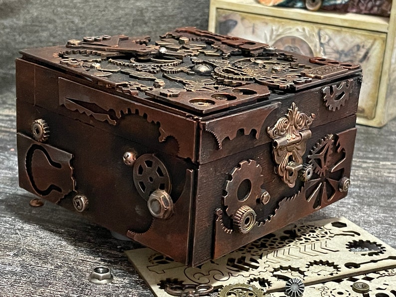 Caja steampunk personalizada, regalo de técnica mixta, caja de madera personalizable, decoración steampunk, regalo steampunk para hombre, joyero, caja mecánica imagen 11