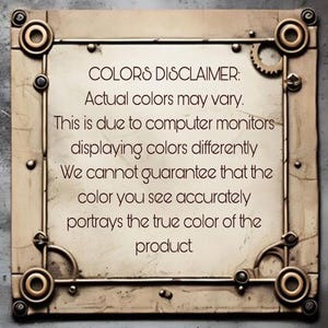 Puede incluir: Un letrero cuadrado con un marco met&aacute;lico de estilo industrial que presenta engranajes y pernos en las esquinas. El centro contiene el texto: COLORS DISCLAIMER: Actual colors may vary. This is due to computer monitors displaying colors differently.