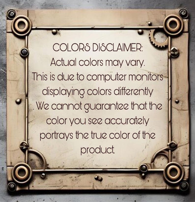 Puede incluir: Un letrero cuadrado con un marco met&aacute;lico de estilo industrial que presenta engranajes y pernos en las esquinas. El centro contiene el texto: COLORS DISCLAIMER: Actual colors may vary. This is due to computer monitors displaying colors differently.