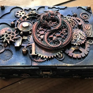 Industrial box wooden vintage Style Steampunk dragon Jewelry storage Watches storage Vintage Keepsake Box Groom mixed media box handmade image 2