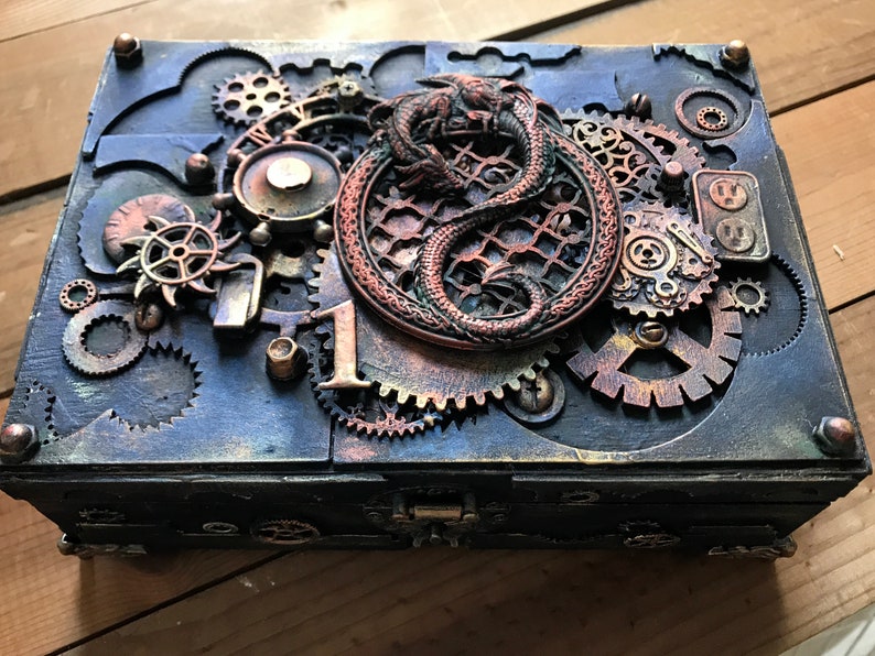 Industrial box wooden vintage Style Steampunk dragon Jewelry storage Watches storage Vintage Keepsake Box Groom mixed media box handmade image 2