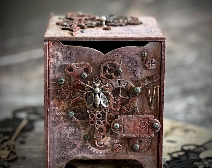 Personalized Steampunk Keepsake Box: Flip Lid, Mixed Media Decor