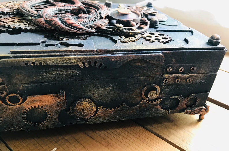 Industrial box wooden vintage Style Steampunk dragon Jewelry storage Watches storage Vintage Keepsake Box Groom mixed media box handmade image 5