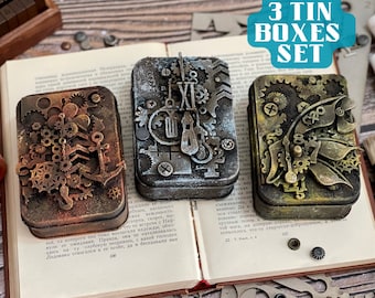 Steampunk metal box set, Mechanical tin, Personalized box, tin box mini Christmas gift, Christmas retro gifts for men, Merry Christmas gift