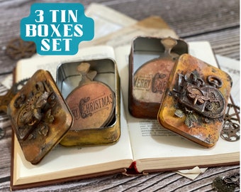 Rusty metal box set, Customized set, Personalized tin set, tin box mini Christmas gift, Christmas retro gifts for men, Merry Christmas gift