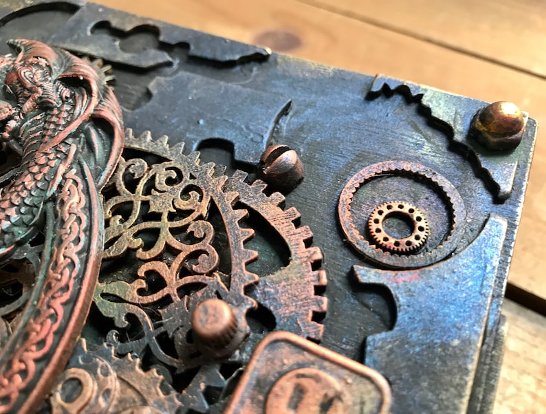 Industrial box wooden vintage Style Steampunk dragon Jewelry storage Watches storage Vintage Keepsake Box Groom mixed media box handmade image 7