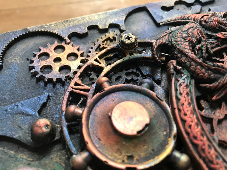 Industrial box wooden vintage Style Steampunk dragon Jewelry storage Watches storage Vintage Keepsake Box Groom mixed media box handmade image 4