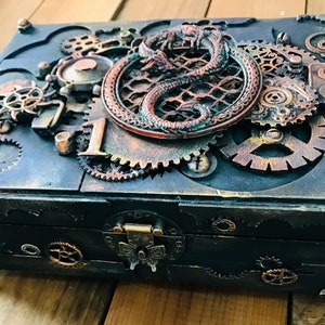 Industrial box wooden vintage Style Steampunk dragon Jewelry storage Watches storage Vintage Keepsake Box Groom mixed media box handmade image 1