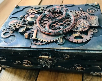 Industrial box wooden vintage Style Steampunk dragon Jewelry storage Watches storage Vintage Keepsake Box Groom mixed media  box handmade