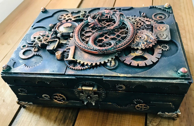 Industrial box wooden vintage Style Steampunk dragon Jewelry storage Watches storage Vintage Keepsake Box Groom mixed media box handmade image 1