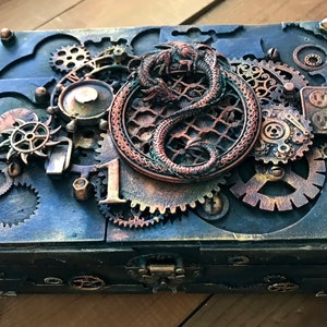 Industrial box wooden vintage Style Steampunk dragon Jewelry storage Watches storage Vintage Keepsake Box Groom mixed media box handmade image 9