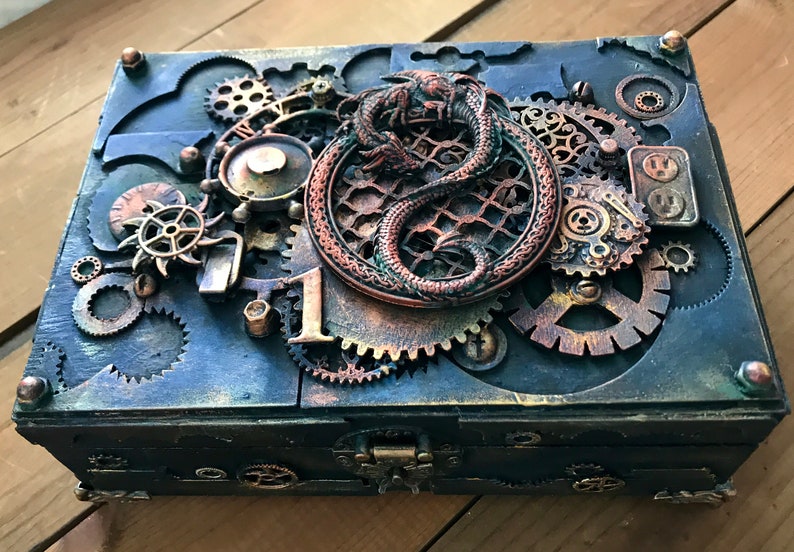 Industrial box wooden vintage Style Steampunk dragon Jewelry storage Watches storage Vintage Keepsake Box Groom mixed media box handmade image 9