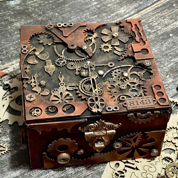 personalised  steampunk Box, Mixed media gift,  Customizable wooden box, steampunk decor, Men steampunk gift, jewelry box, mechanical box