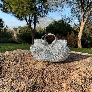 Handmade Metallic Crochet Mini Purse: Silver Evening Bag with Metal Handle