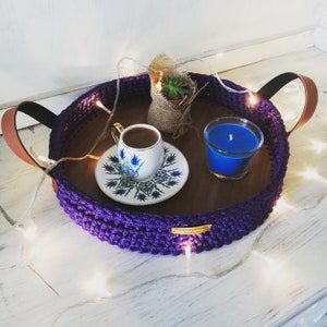 Handmade Macrame Tray: Wooden Base, Faux Leather Handles