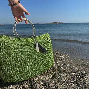 Emerald Green Crochet Bag: Handmade Metallic Rope Clutch with Circle Handles