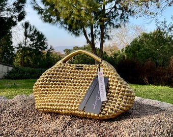 Gold Woven Handbag: Handmade Metallic Evening Clutch with Triangle Handle
