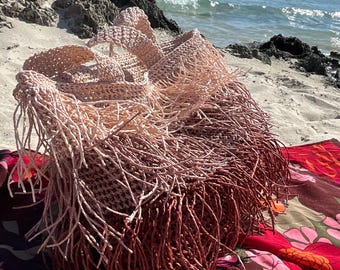 XL Crochet Beach Bag: Pink Paper Raffia Tote with Rope Handles