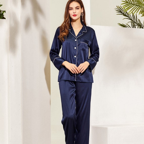  Womens Silk Satin Pajamas Set Button Down Sleepwear