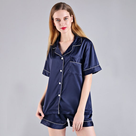  Womens Silk Satin Pajamas Set Button Down Sleepwear