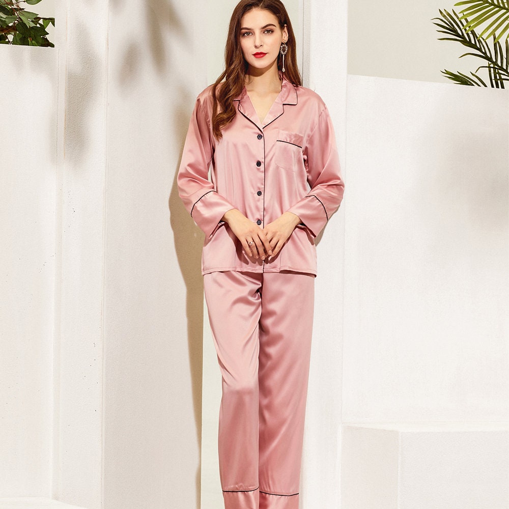 Dusty Pink Silk Pajamas Set Long Sleeve Pajamas for Women 