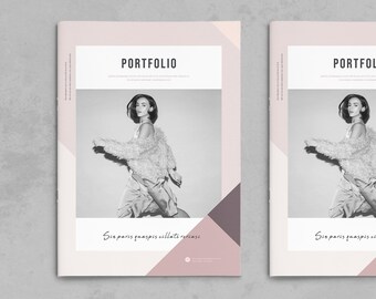 May include: A pink and white portfolio cover with a black and white photo of a person wearing a fuzzy jacket and a skirt. The text "PORTFOLIO" is at the top of the cover and the text "Six paris guampsis collate roenas" is at the bottom.