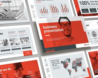 May include: A business presentation template with a red and gray color scheme. The template includes a variety of slides with different layouts and content, such as a mission statement, services, what we do, a team, a vision, and financial results. The template also includes a world map with red markers, a bar chart, and a drone image.