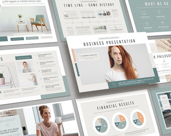 May include: A business presentation with a timeline, a list of services, financial results, and a company philosophy. The presentation includes images of people, a chair, and a plant.