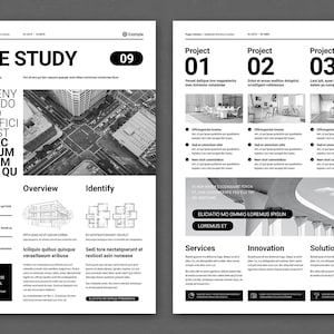 May include: A black and white case study layout with the title "CASE STUDY" and the number "09". The layout includes text, images, and sections labeled "Overview", "Identify", and "About us".