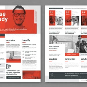 Könnte beinhalten: Ein schwarz-weißes Case-Study-Flyer mit roten Akzenten. Der Flyer zeigt ein Foto eines lächelnden Mannes mit Brille. Der Text auf dem Flyer enthält die Wörter "Case Study", "Über uns", "Überblick", "Identifizieren", "Dienstleistungen", "Innovation" und "Lösungen".