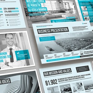 May include: A business presentation with a blue and white color scheme. The presentation includes images of a city skyline, a cargo ship, a modern office, and a man in a suit. The text on the slides includes the words "Business Presentation", "Our Mission and Values", "Now the Market", and "Our Main Ideas".