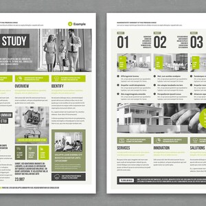 Puede incluir: Documento de dos páginas en blanco y negro con detalles en verde. Destaca el título "CASE STUDY". Incluye secciones como "ABOUT US", "OVERVIEW" e "IDENTIFY", con texto e imágenes. El verde resalta información clave.