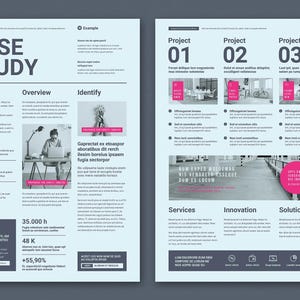 Puede incluir: Una plantilla de estudio de caso con un esquema de color azul y gris. El documento incluye secciones para "Acerca de nosotros", "Descripción general", "Identificar", "Proyecto 01", "Proyecto 02", "Proyecto 03", "Servicios", "Innovación" y "Soluciones".