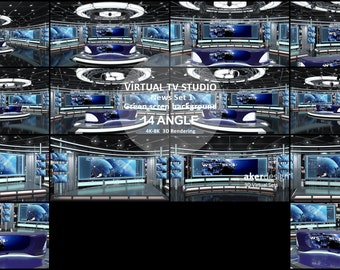 Digital 4K-8K 3d Rendering. Virtual TV Studio Green Screen Background. News Set 1. 14 ANGLE
