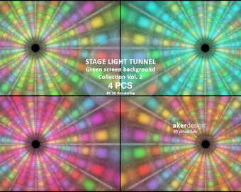 May include: Four images of stage light tunnel backgrounds. Each image has a radial design with a central black point and radiating lines of coloured lights. Text includes "STAGE LIGHT TUNNEL" and "Green screen background Collection Vol. 2".