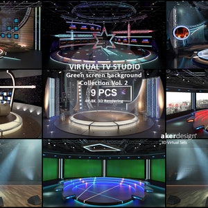 Digital 4K-8K 3d Rendering. Virtual TV Studio Green Screen Background. Collection Vol.2. 9PCS