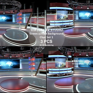 デジタル 8K- 3D レンダリング。バーチャル TV スタジオ グリーン スクリーン背景。チャット セット 1。4 個