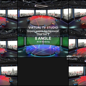 Digital 4K- 3d Rendering. Virtual TV Studio Green Screen Background. Chat Set 2. 8 ANGLE