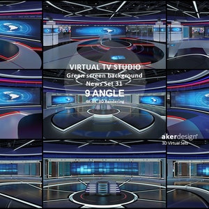 Könnte beinhalten: Ein virtuelles Fernsehstudio-Set mit einem grünen Bildschirmhintergrund. Das Set verfügt über eine gebogene Wand mit einem großen Bildschirm, auf dem eine Weltkarte angezeigt wird. Das Set ist für Nachrichtensendungen konzipiert und umfasst einen Schreibtisch, Stühle und andere Möbel. Der Text "VIRTUAL TV STUDIO", "Green screen background", "News Set 31", "9 ANGLE" und "4K-8K 3D Rendering" wird auf dem Bildschirm angezeigt.