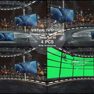 Digital 4K-8K- 3d Rendering. Virtual TV Studio Green Screen Background. News Set 36. 4 PCS