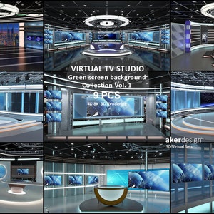 Digital 4K-8K 3d Rendering. Virtual TV Studio Green Screen Background. Collection Vol.1. 9PCS